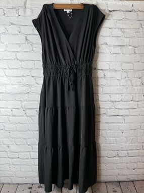 Tahari Classic Black Tiered Maxi Dress with Drawstring Waist large